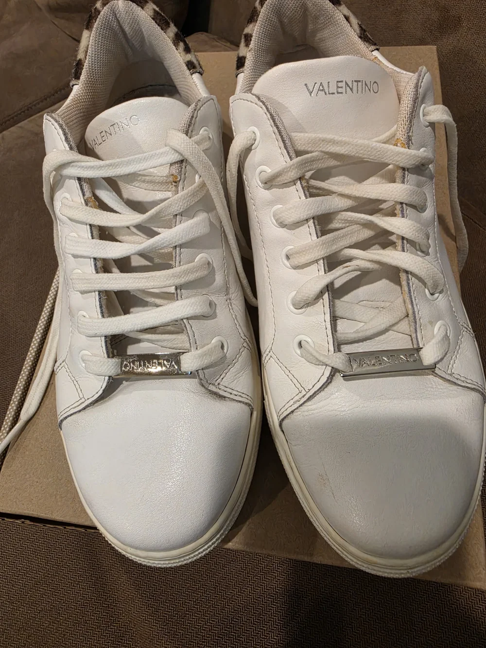 White Valentino Women's Low-Top Sneakers with Leopard Trim